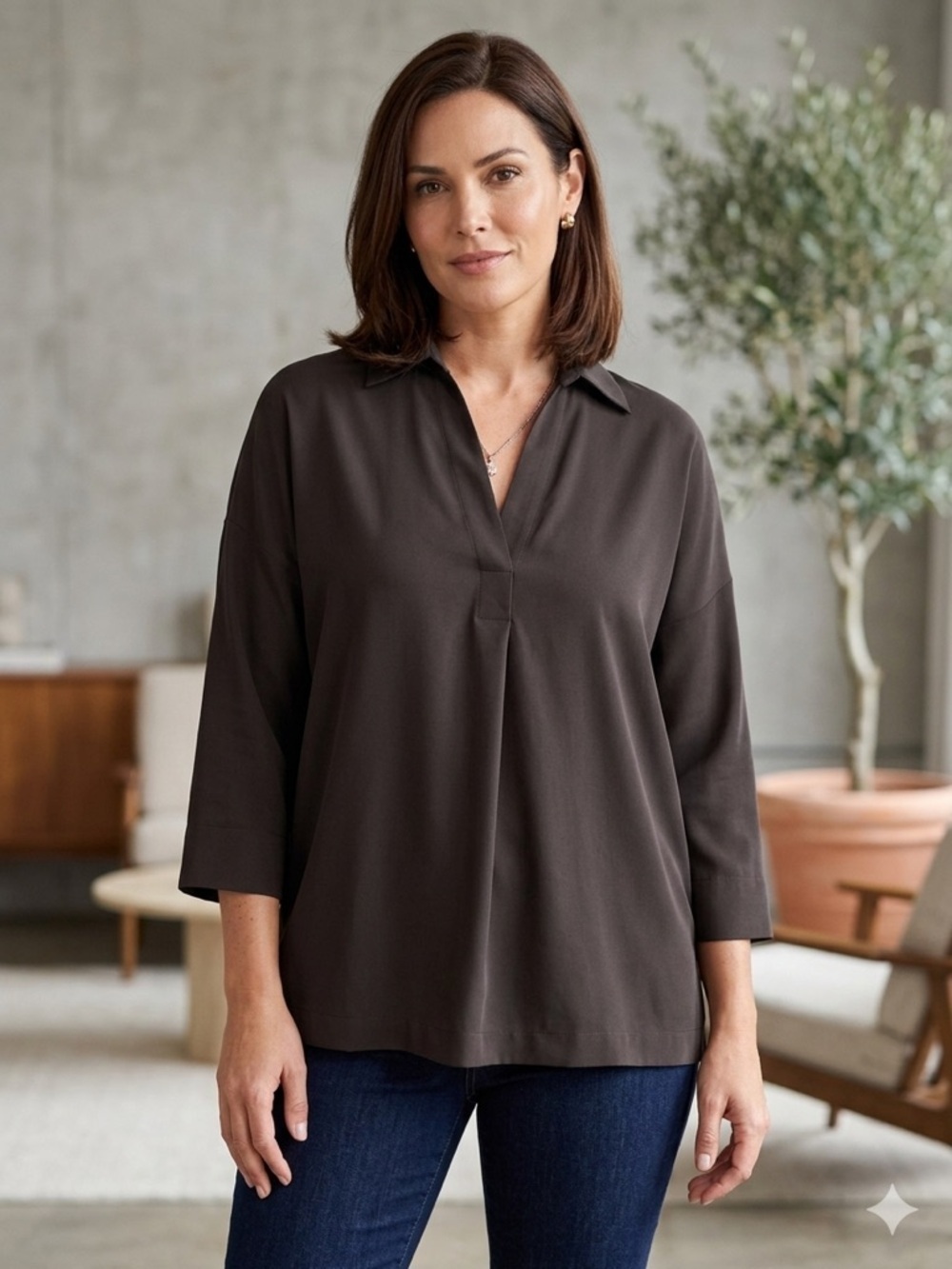 Vince. | Black Relaxed V-Neck Collared Tunic | Sz S - Picture 1 of 6